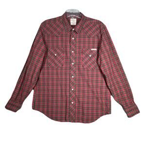 Lucky Brand Shirt Mens Large Red‎ Green Plaid Flannel Button Up Country Rustic